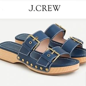J. Crew Blue Leather Double Buckle Sandals with Wood Sole, in box - Size 9.5
